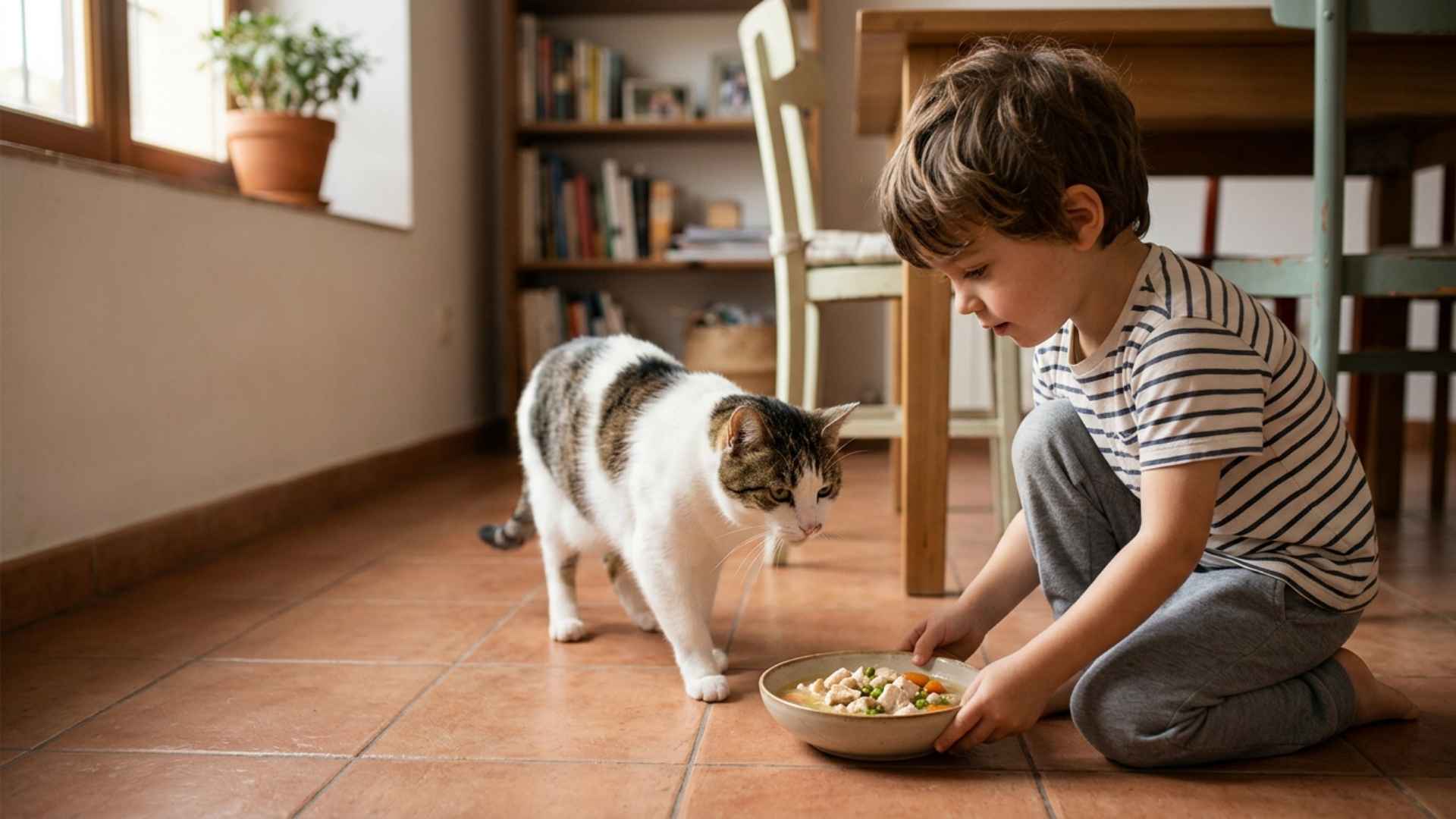 niño dando comida a un gato